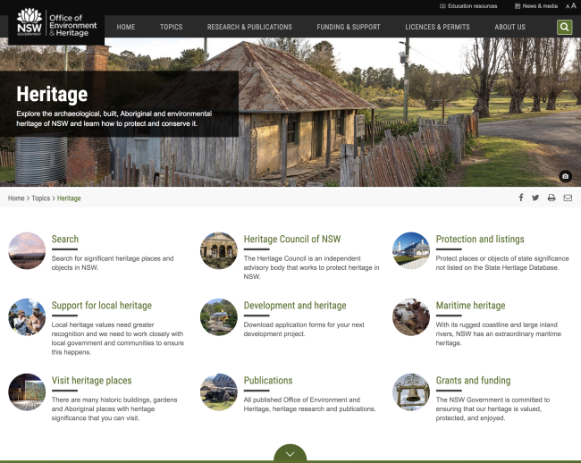 State of New South Wales and Office of Environment and Heritage. (2015). Heritage [Website]. Retrieved April 24, 2018 from http://www.environment.nsw.gov.au/topics/heritage 